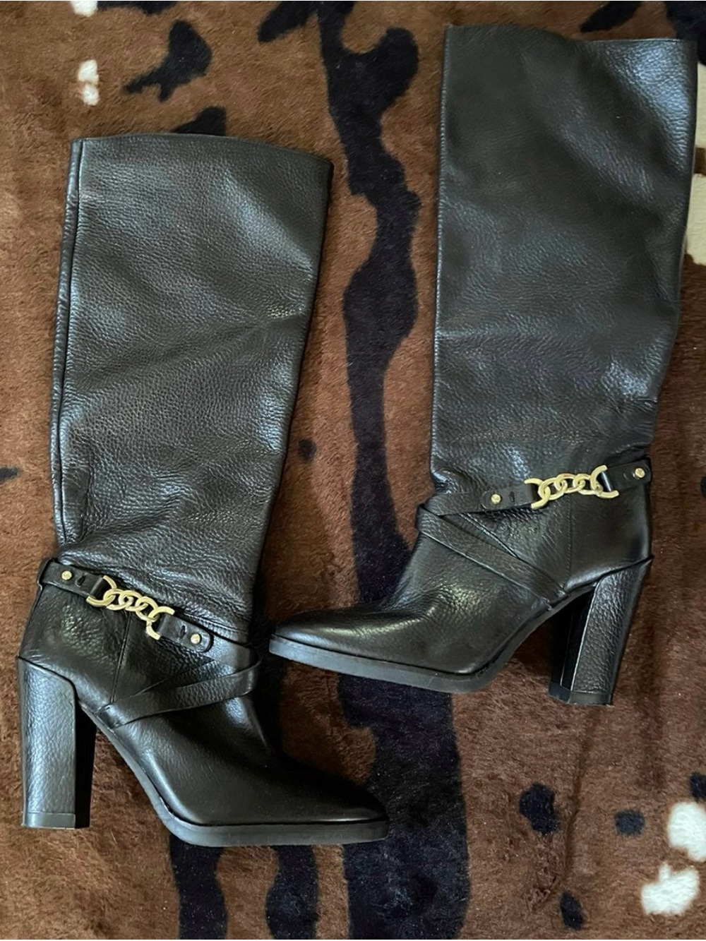 Women's Black Leather Knee-High Heeled Boots with Gold Chain Accent Kate spade